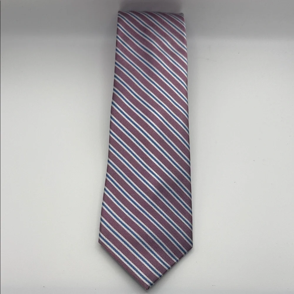 Jos. A. Bank Travelers Stain Resistant Rose, Blue& Silver Stripe Tie, 100% silk